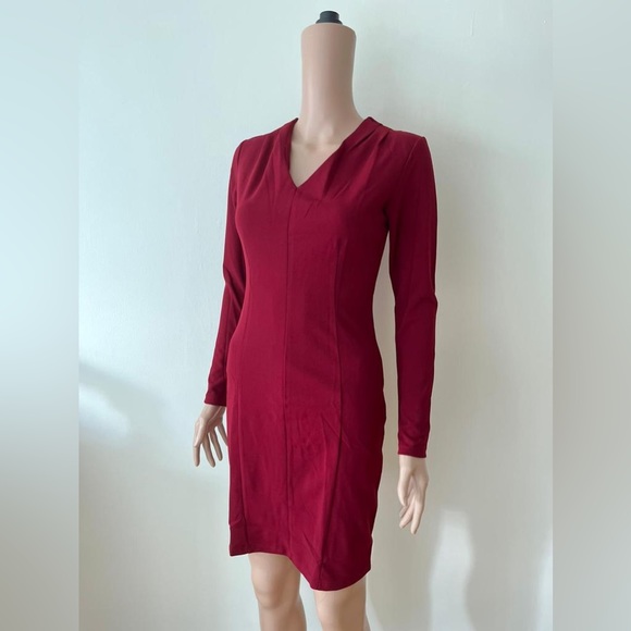 New Solid Red Elegant Long Sleeve V Neck Office Cocktail Party Dress, Small - Picture 3 of 10